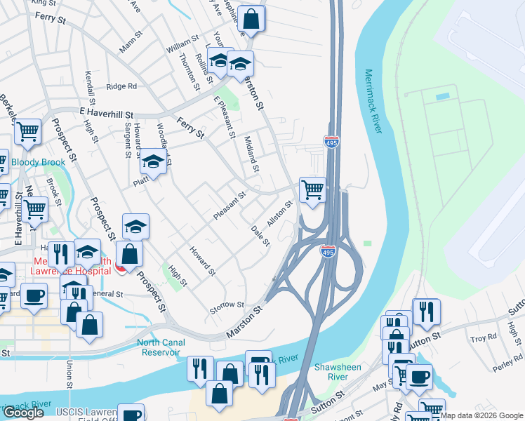 map of restaurants, bars, coffee shops, grocery stores, and more near 18 Sherman Street in Lawrence