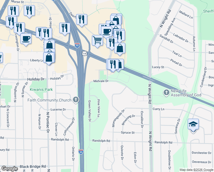 map of restaurants, bars, coffee shops, grocery stores, and more near 3154 Midvale Drive in Janesville