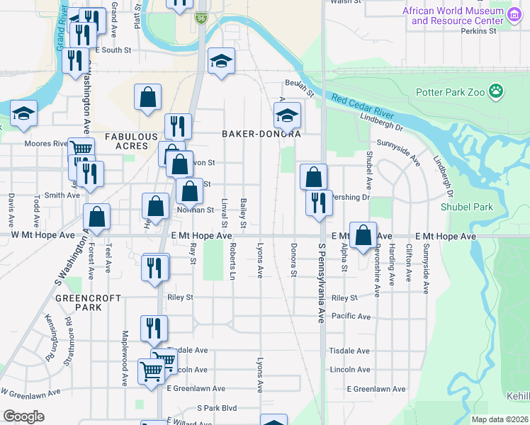 map of restaurants, bars, coffee shops, grocery stores, and more near 1801 Lyons Avenue in Lansing