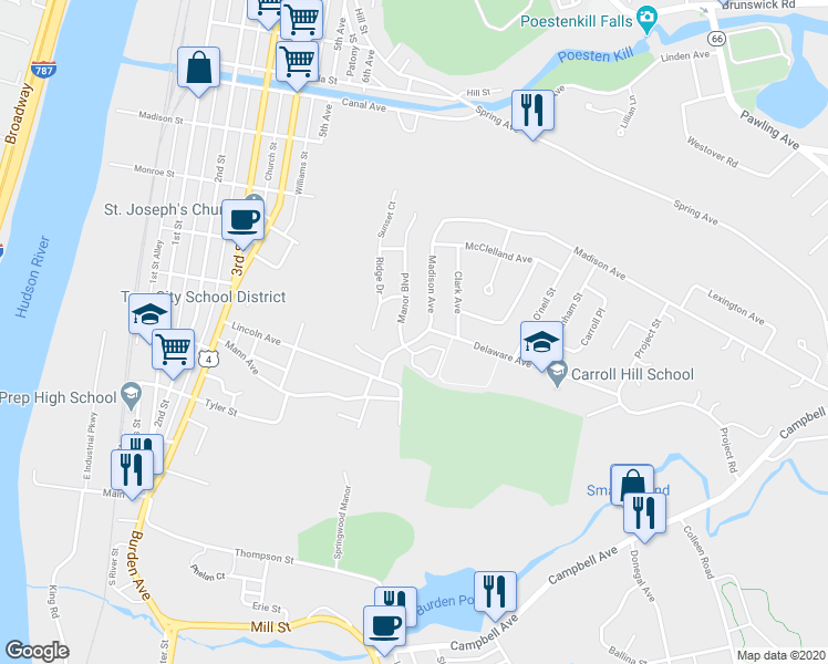map of restaurants, bars, coffee shops, grocery stores, and more near 159 Delaware Avenue in Troy