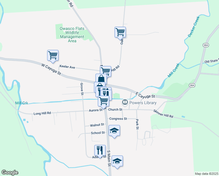 map of restaurants, bars, coffee shops, grocery stores, and more near 12 East Cayuga Street in Moravia