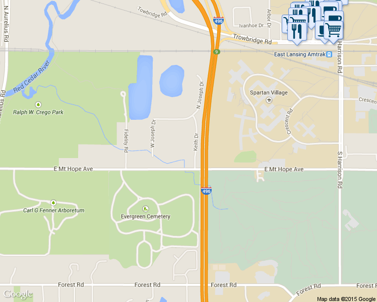 map of restaurants, bars, coffee shops, grocery stores, and more near 1780 Keith Drive in Lansing