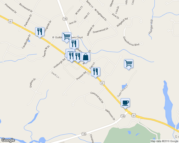 map of restaurants, bars, coffee shops, grocery stores, and more near 2554 Western Turnpike in Albany