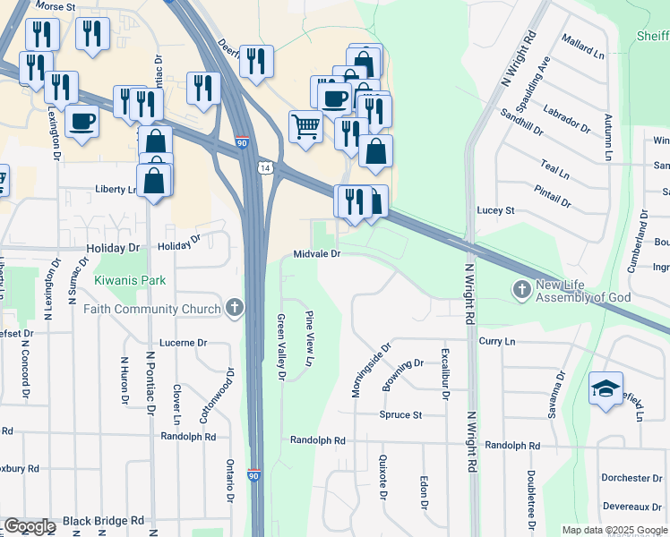 map of restaurants, bars, coffee shops, grocery stores, and more near 3136 Midvale Drive in Janesville