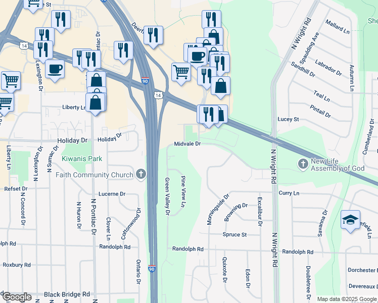 map of restaurants, bars, coffee shops, grocery stores, and more near 3102 Midvale Drive in Janesville