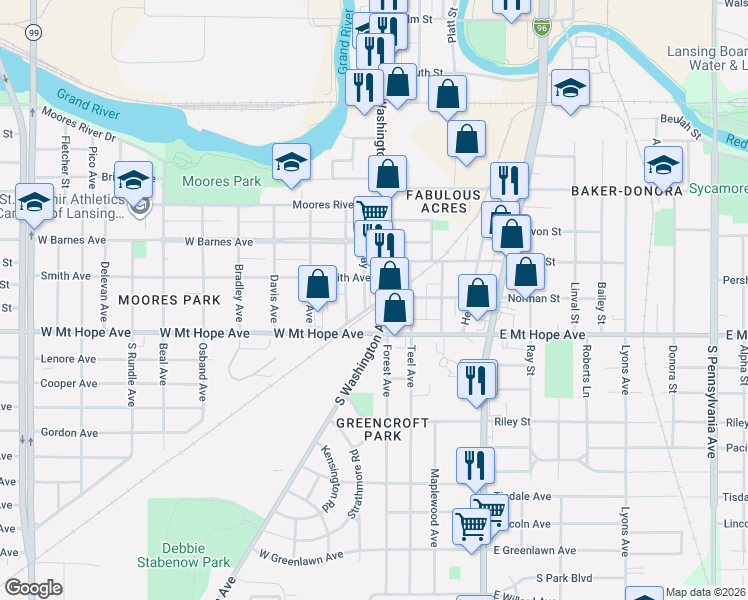 map of restaurants, bars, coffee shops, grocery stores, and more near 1917 South Washington Avenue in Lansing