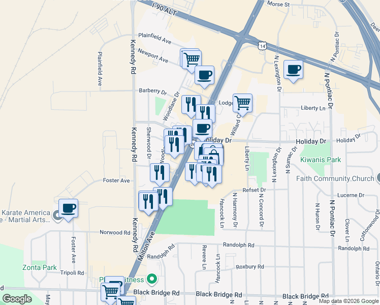 map of restaurants, bars, coffee shops, grocery stores, and more near Milton Avenue in Janesville