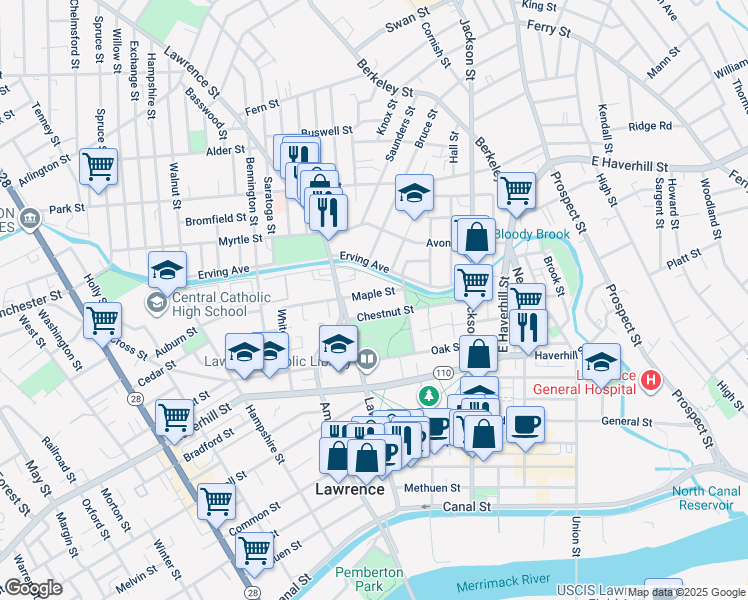 map of restaurants, bars, coffee shops, grocery stores, and more near 115 Chestnut Street in Lawrence