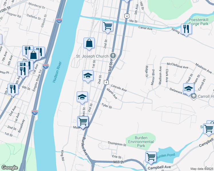 map of restaurants, bars, coffee shops, grocery stores, and more near 559 4th Street in Troy