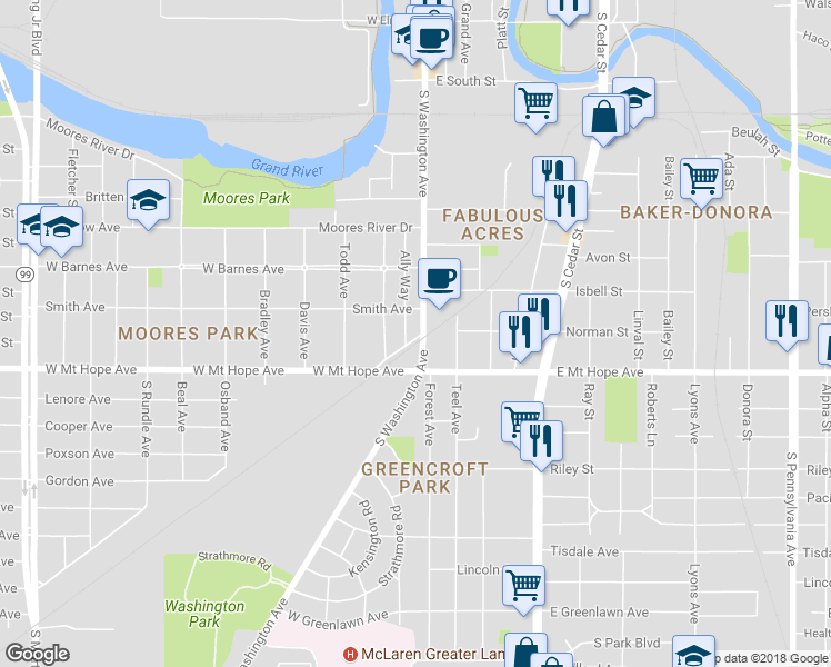 map of restaurants, bars, coffee shops, grocery stores, and more near 1917 South Washington Avenue in Lansing