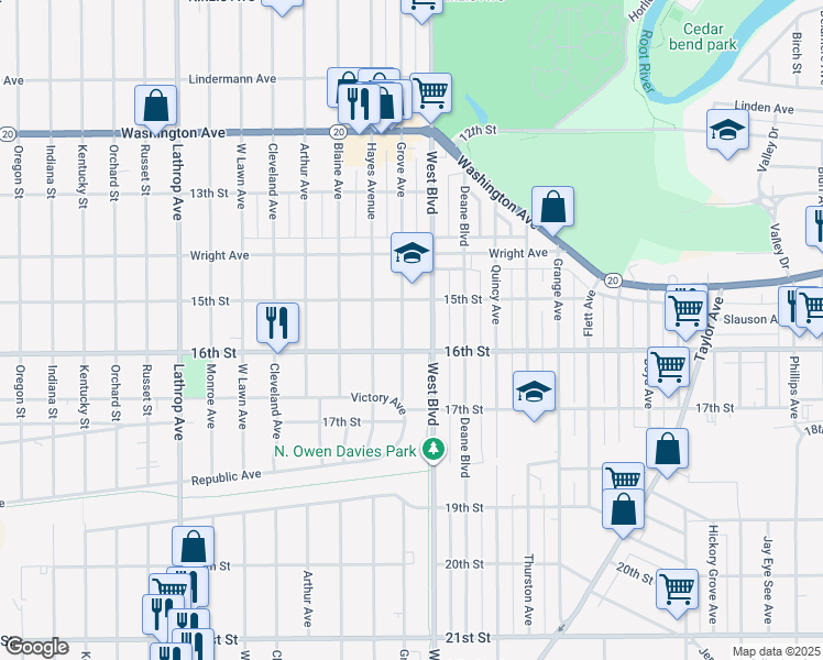 map of restaurants, bars, coffee shops, grocery stores, and more near 1544 Grove Avenue in Racine