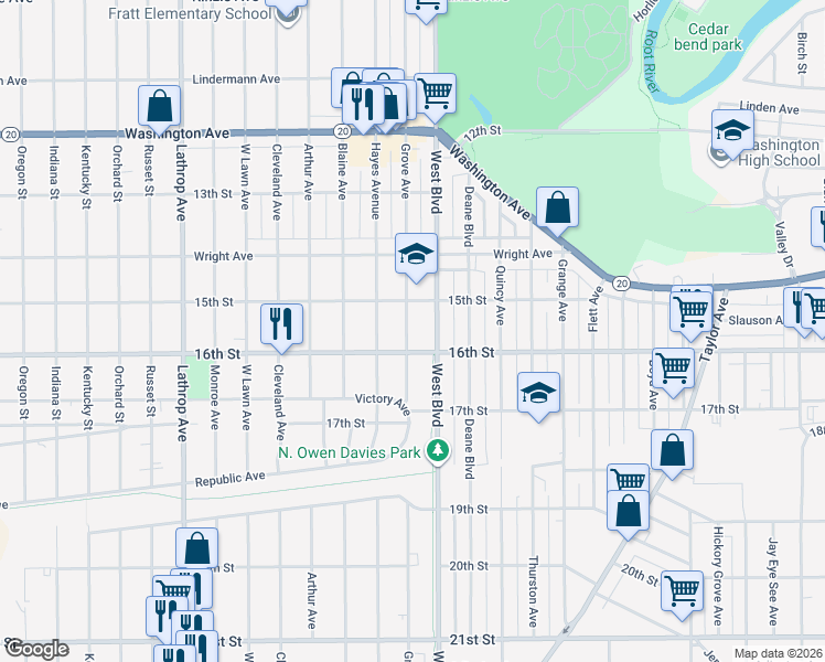 map of restaurants, bars, coffee shops, grocery stores, and more near 1544 Grove Avenue in Racine