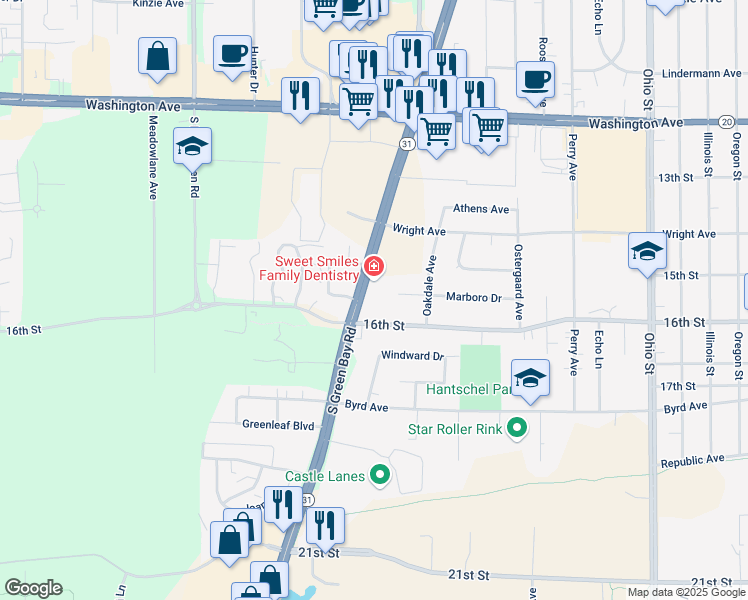 map of restaurants, bars, coffee shops, grocery stores, and more near 5632 16th Street in Racine