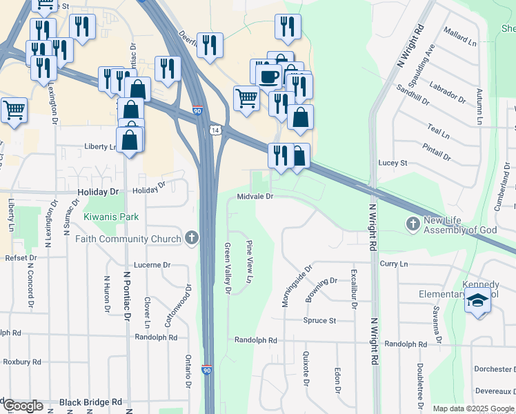 map of restaurants, bars, coffee shops, grocery stores, and more near 3100 Midvale Drive in Janesville