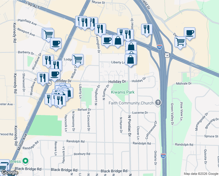 map of restaurants, bars, coffee shops, grocery stores, and more near 2409 Lucerne Drive in Janesville