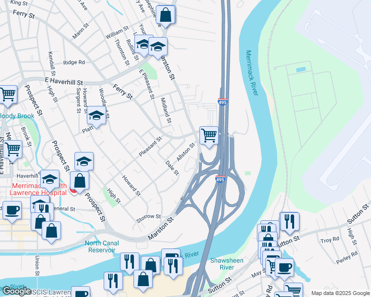 map of restaurants, bars, coffee shops, grocery stores, and more near 20C Allston Street in Lawrence