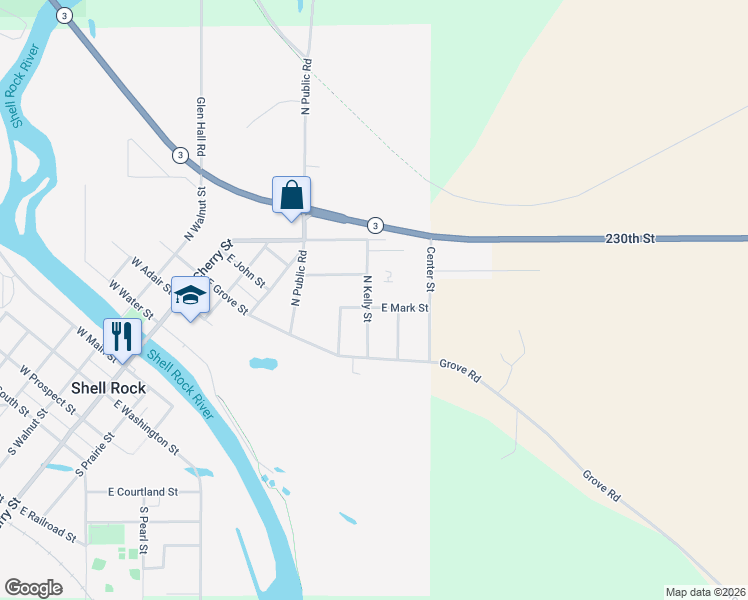 map of restaurants, bars, coffee shops, grocery stores, and more near East Mark Street in Shell Rock