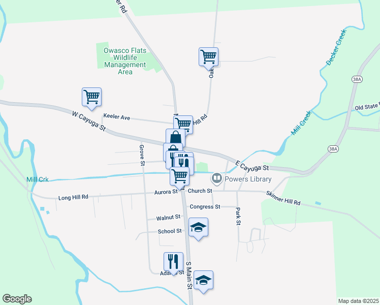 map of restaurants, bars, coffee shops, grocery stores, and more near 12 East Cayuga Street in Moravia