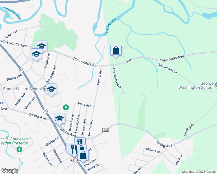 map of restaurants, bars, coffee shops, grocery stores, and more near 5 Hills Landing in Troy