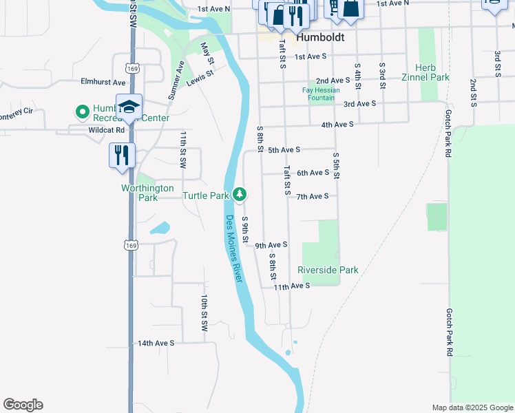 map of restaurants, bars, coffee shops, grocery stores, and more near 501-899 S 9th St in Humboldt