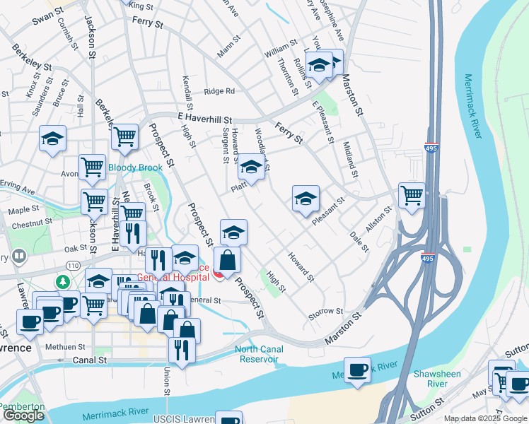map of restaurants, bars, coffee shops, grocery stores, and more near 354 Howard Street in Lawrence