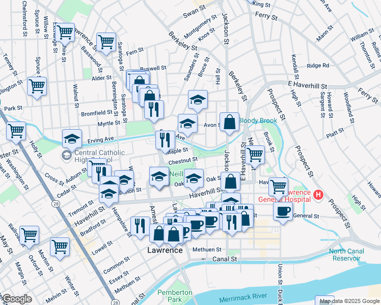 map of restaurants, bars, coffee shops, grocery stores, and more near 115 Chestnut Street in Lawrence