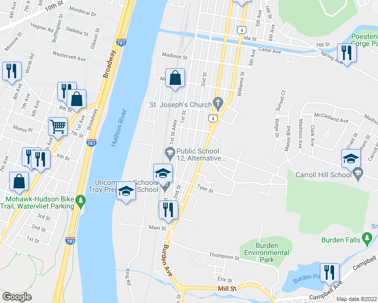map of restaurants, bars, coffee shops, grocery stores, and more near 470 1st Street in Troy