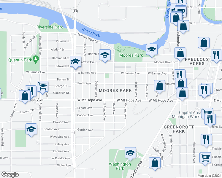 map of restaurants, bars, coffee shops, grocery stores, and more near 1812 Beal Avenue in Lansing