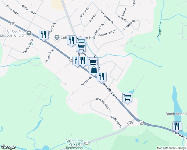 map of restaurants, bars, coffee shops, grocery stores, and more near Western Avenue & Posson Road in Altamont