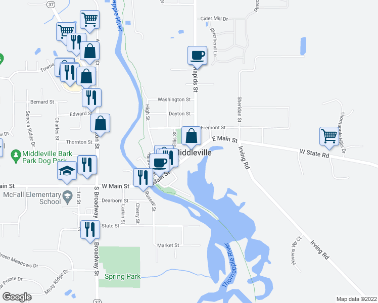 map of restaurants, bars, coffee shops, grocery stores, and more near 311 East Main Street in Middleville