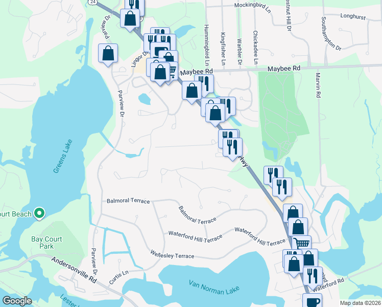 map of restaurants, bars, coffee shops, grocery stores, and more near 6601 Maple Drive in Clarkston
