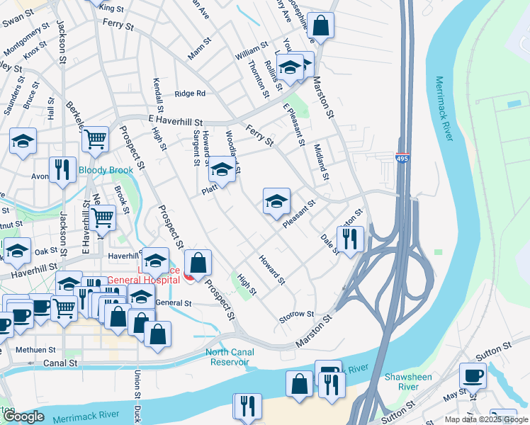map of restaurants, bars, coffee shops, grocery stores, and more near 50 Pleasant Street in Lawrence