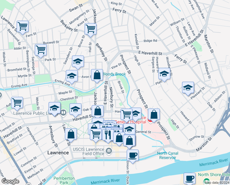 map of restaurants, bars, coffee shops, grocery stores, and more near 139 Newbury Street in Lawrence