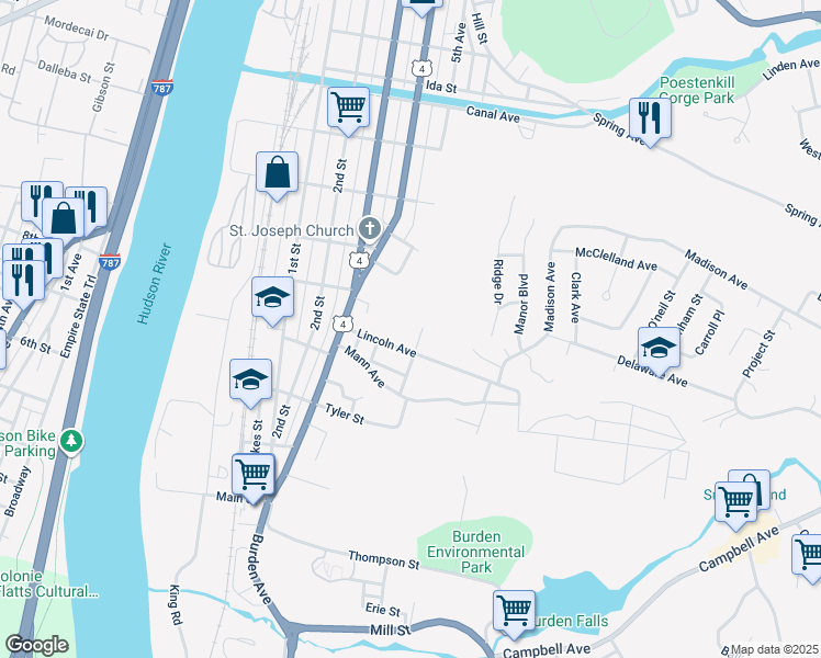 map of restaurants, bars, coffee shops, grocery stores, and more near 43 Lincoln Avenue in Troy