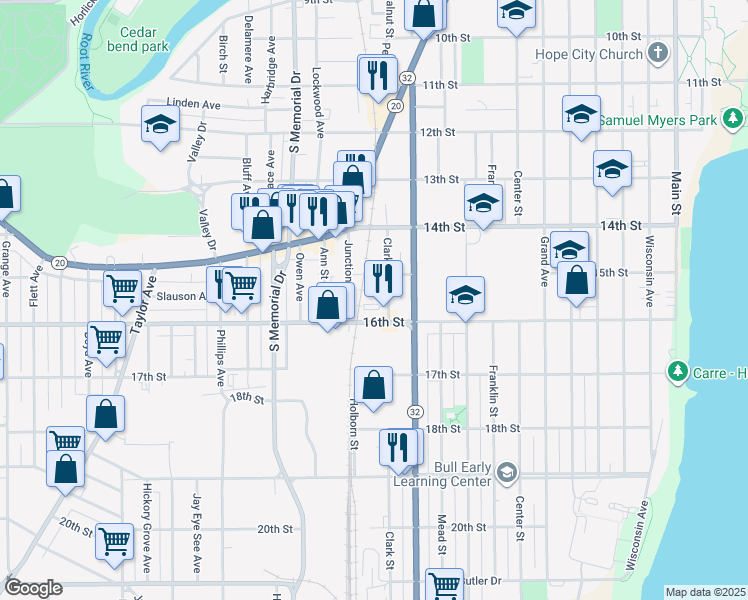 map of restaurants, bars, coffee shops, grocery stores, and more near 1300 16th Street in Racine