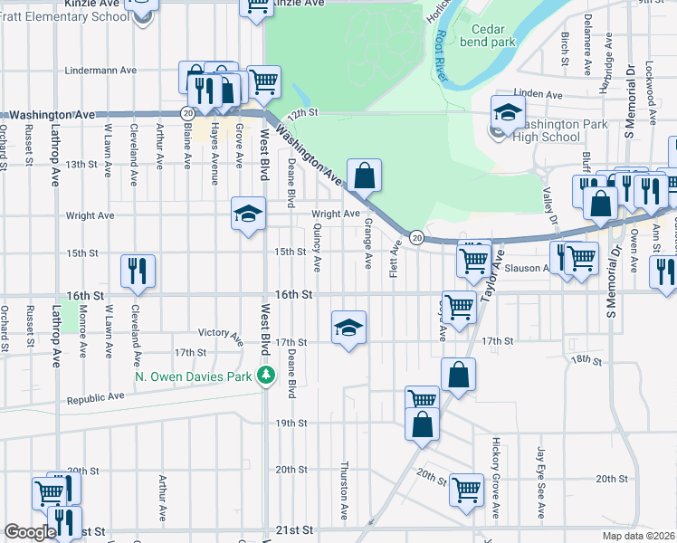 map of restaurants, bars, coffee shops, grocery stores, and more near 2810 16th Street in Racine