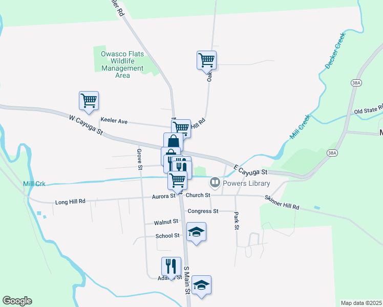 map of restaurants, bars, coffee shops, grocery stores, and more near 15 East Cayuga Street in Moravia