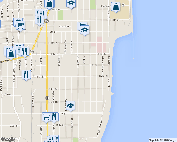 map of restaurants, bars, coffee shops, grocery stores, and more near 1524 Park Avenue in Racine