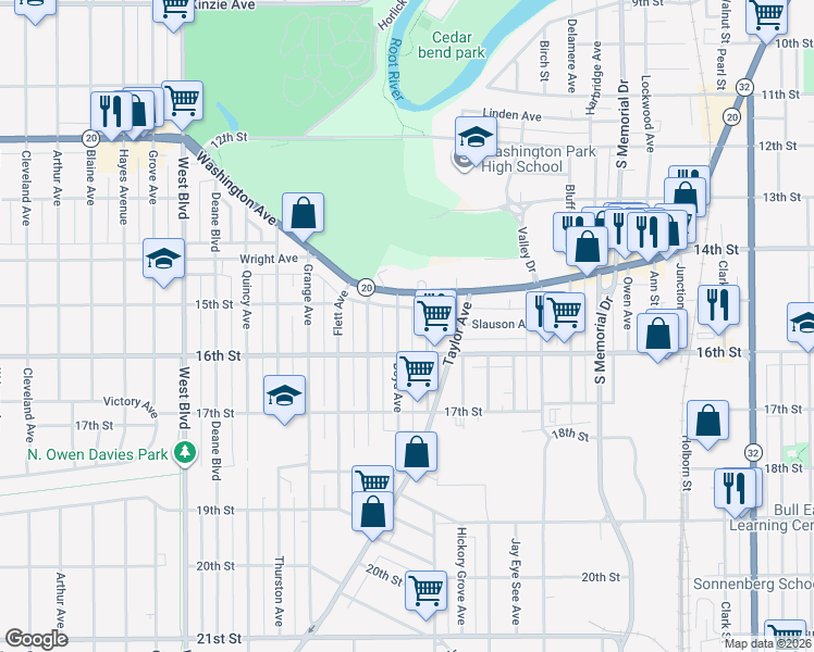 map of restaurants, bars, coffee shops, grocery stores, and more near 2310 16th Street in Racine