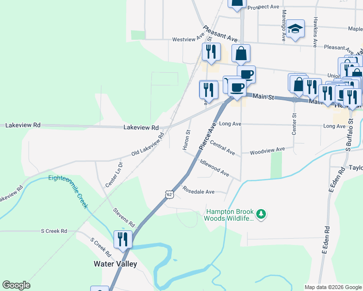 map of restaurants, bars, coffee shops, grocery stores, and more near 93 Huron Street in Hamburg
