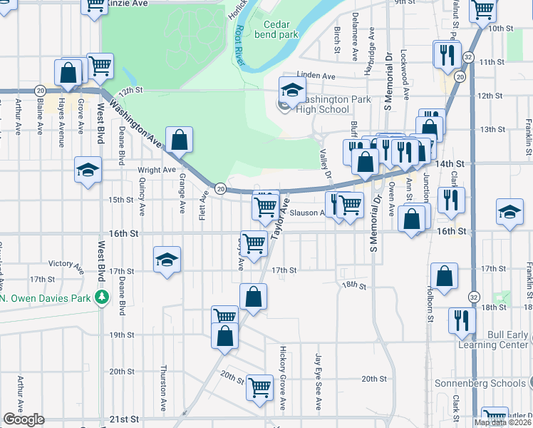 map of restaurants, bars, coffee shops, grocery stores, and more near 2219 Washington Avenue in Racine