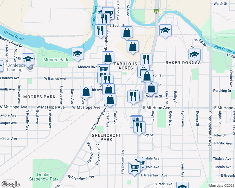 map of restaurants, bars, coffee shops, grocery stores, and more near 1729 Teel Avenue in Lansing