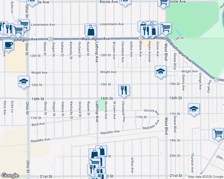 map of restaurants, bars, coffee shops, grocery stores, and more near 1437 West Lawn Avenue in Racine
