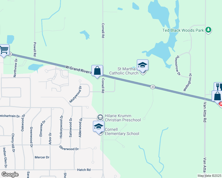 map of restaurants, bars, coffee shops, grocery stores, and more near 4531 Ethel Street in Okemos