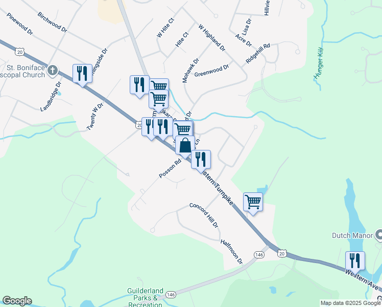 map of restaurants, bars, coffee shops, grocery stores, and more near 2563 Western Avenue in Albany County