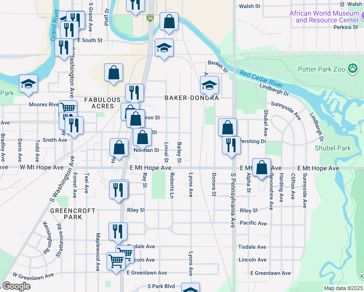 map of restaurants, bars, coffee shops, grocery stores, and more near 624 Isbell Street in Lansing