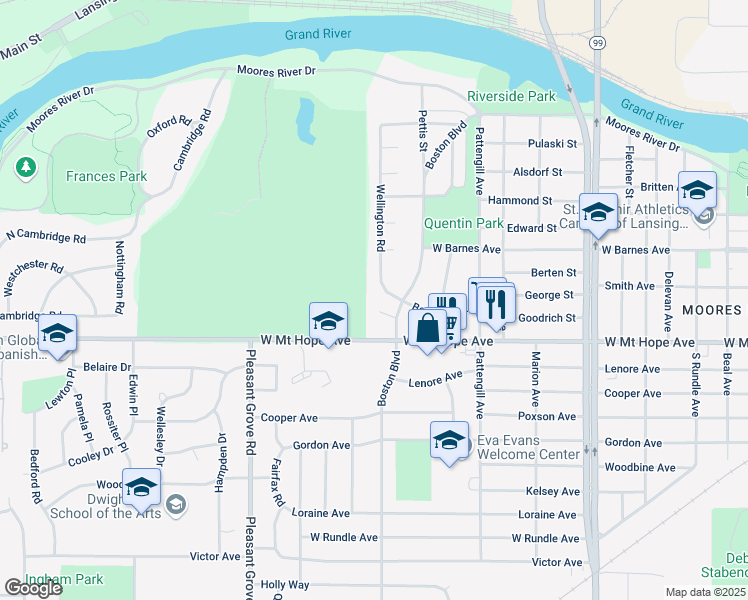 map of restaurants, bars, coffee shops, grocery stores, and more near 1718 Wellington Road in Lansing