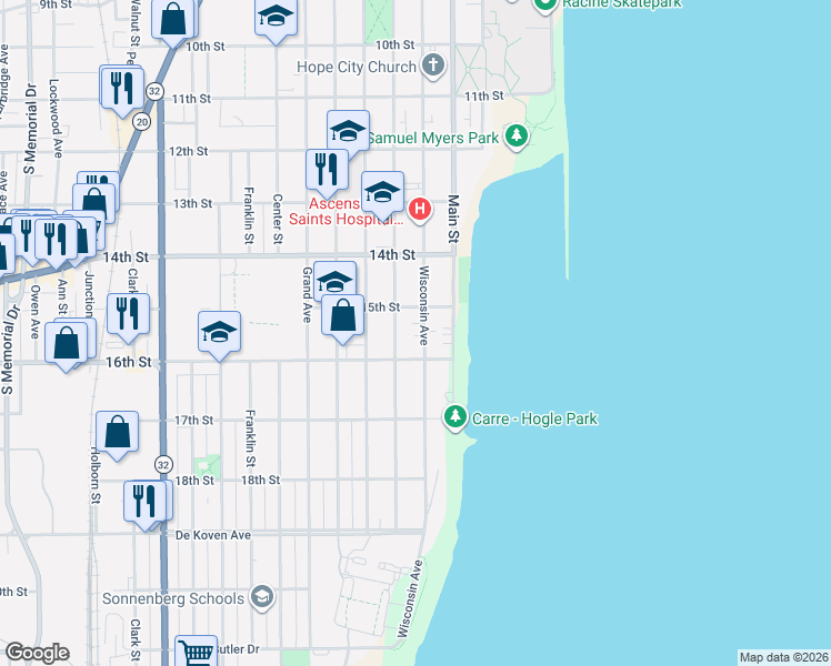 map of restaurants, bars, coffee shops, grocery stores, and more near 1501 College Avenue in Racine