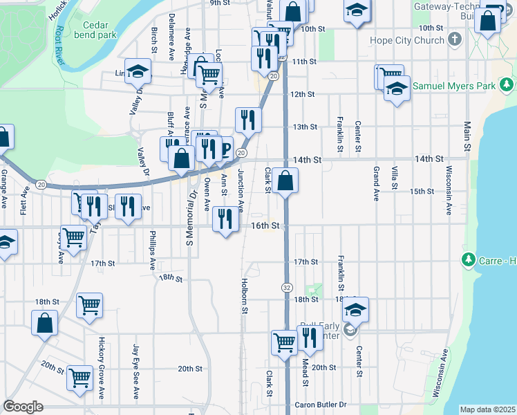 map of restaurants, bars, coffee shops, grocery stores, and more near 1500 Clark Street in Racine