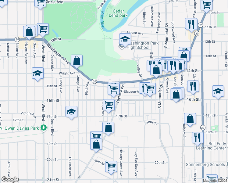 map of restaurants, bars, coffee shops, grocery stores, and more near 2219 Washington Avenue in Racine